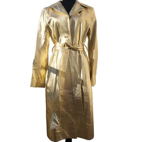 Glamorous Gold Metallic REAL Genuine Soft Leather Designer Jacket Coat Trench NW - Picture 8 of 16